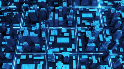 Poster - digital 3d rendering city. light trails symbolise data travelling in modern city. flowing data parti