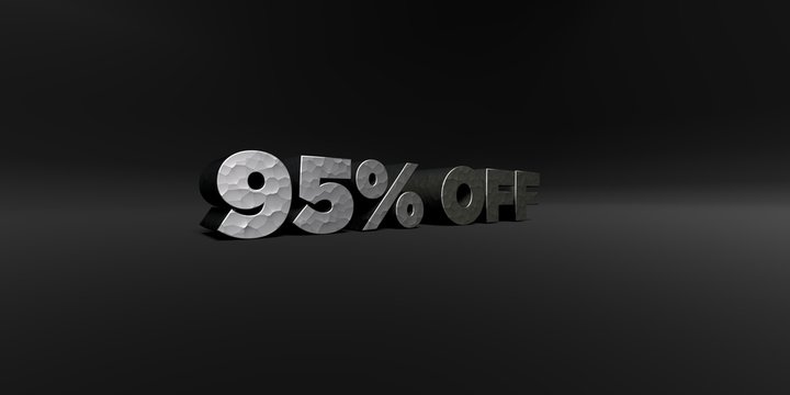 95% OFF - hammered metal finish text on black studio - 3D rendered royalty free stock photo. This image can be used for an online website banner ad or a print postcard.