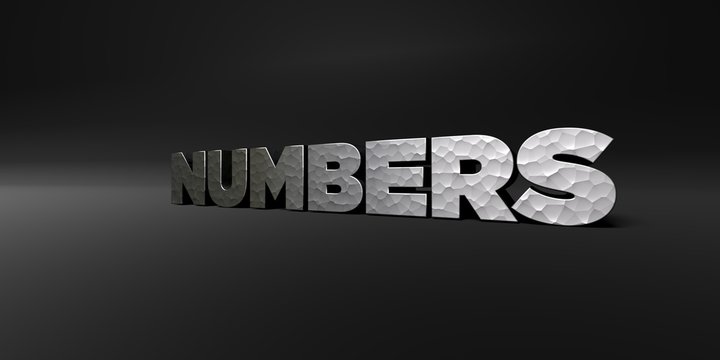 NUMBERS - hammered metal finish text on black studio - 3D rendered royalty free stock photo. This image can be used for an online website banner ad or a print postcard.