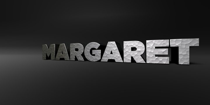 MARGARET - hammered metal finish text on black studio - 3D rendered royalty free stock photo. This image can be used for an online website banner ad or a print postcard.