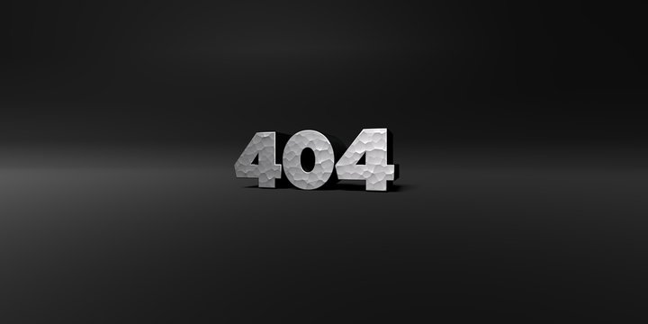 404 - hammered metal finish text on black studio - 3D rendered royalty free stock photo. This image can be used for an online website banner ad or a print postcard.