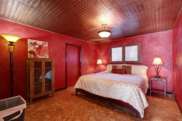 Wall Mural - Red bedroom with queen size bed and linoleum floor.