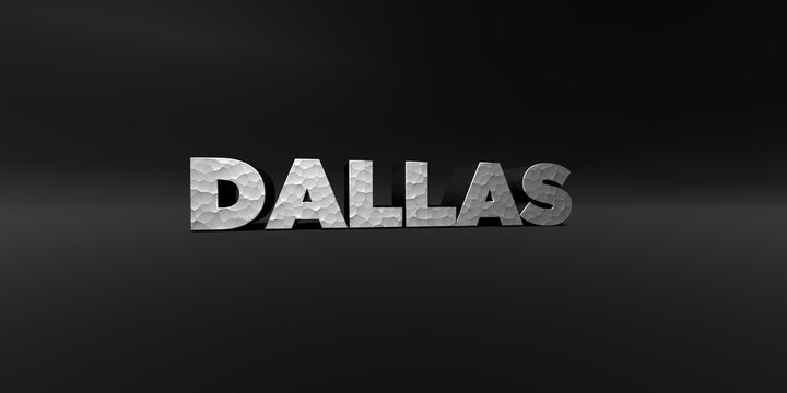 DALLAS - hammered metal finish text on black studio - 3D rendered royalty free stock photo. This image can be used for an online website banner ad or a print postcard.