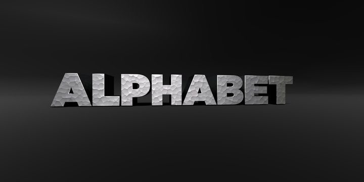 ALPHABET - hammered metal finish text on black studio - 3D rendered royalty free stock photo. This image can be used for an online website banner ad or a print postcard.