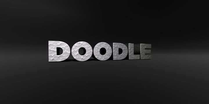 DOODLE - hammered metal finish text on black studio - 3D rendered royalty free stock photo. This image can be used for an online website banner ad or a print postcard.