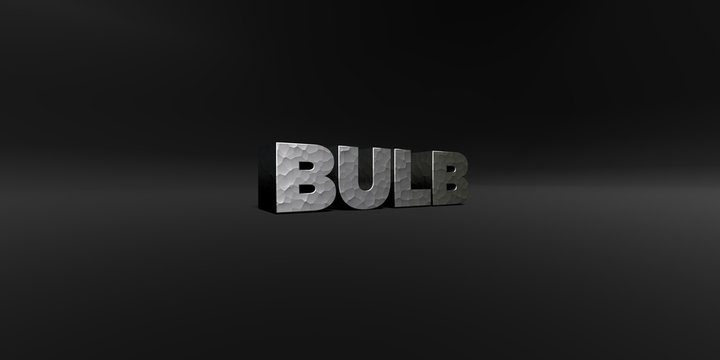 BULB - hammered metal finish text on black studio - 3D rendered royalty free stock photo. This image can be used for an online website banner ad or a print postcard.