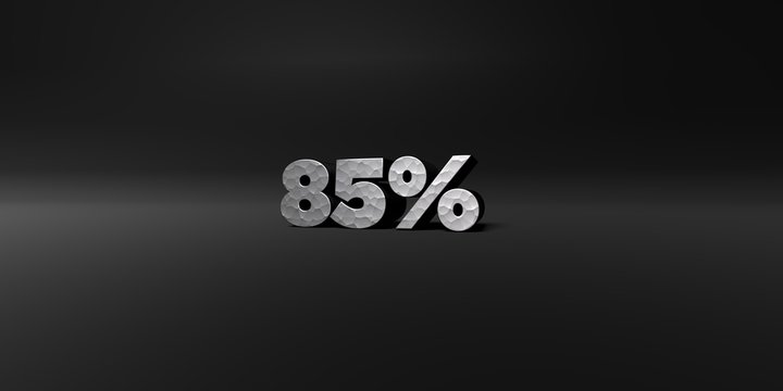 85% - hammered metal finish text on black studio - 3D rendered royalty free stock photo. This image can be used for an online website banner ad or a print postcard.