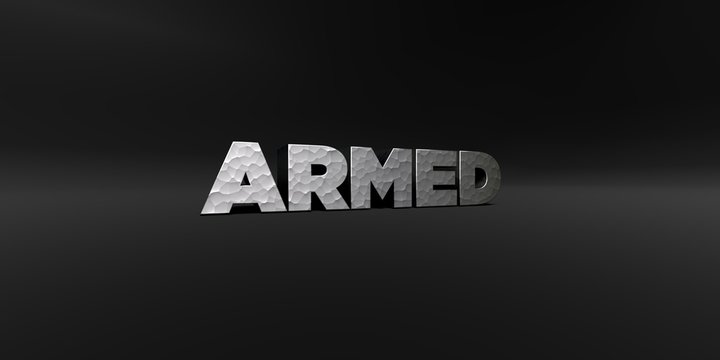 ARMED - hammered metal finish text on black studio - 3D rendered royalty free stock photo. This image can be used for an online website banner ad or a print postcard.