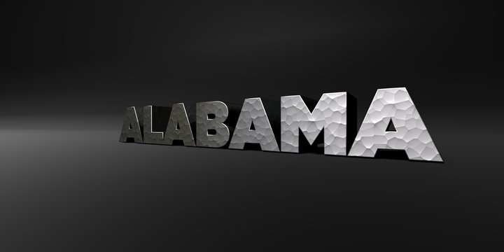 ALABAMA - hammered metal finish text on black studio - 3D rendered royalty free stock photo. This image can be used for an online website banner ad or a print postcard.