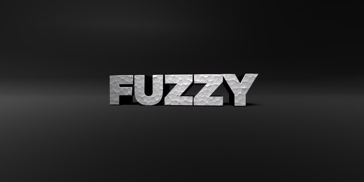 FUZZY - hammered metal finish text on black studio - 3D rendered royalty free stock photo. This image can be used for an online website banner ad or a print postcard.