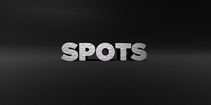 SPOTS - hammered metal finish text on black studio - 3D rendered royalty free stock photo. This image can be used for an online website banner ad or a print postcard.
