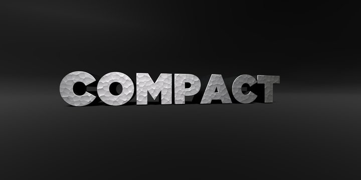 COMPACT - hammered metal finish text on black studio - 3D rendered royalty free stock photo. This image can be used for an online website banner ad or a print postcard.