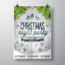 Vector Merry Christmas Party Design With Holiday Typography Elements And Shiny Stars On Vintage Wood Background.
