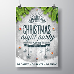 Vector Merry Christmas Party design with holiday typography elements and shiny stars on vintage wood background.