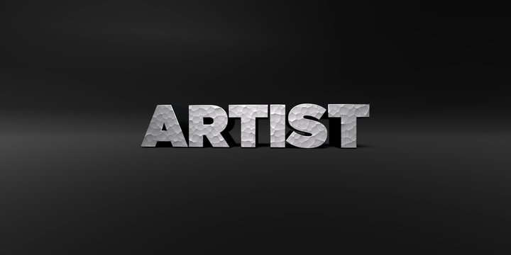 ARTIST - hammered metal finish text on black studio - 3D rendered royalty free stock photo. This image can be used for an online website banner ad or a print postcard.