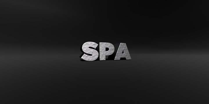 SPA - hammered metal finish text on black studio - 3D rendered royalty free stock photo. This image can be used for an online website banner ad or a print postcard.