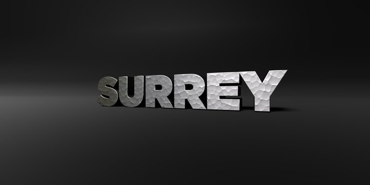 SURREY - hammered metal finish text on black studio - 3D rendered royalty free stock photo. This image can be used for an online website banner ad or a print postcard.