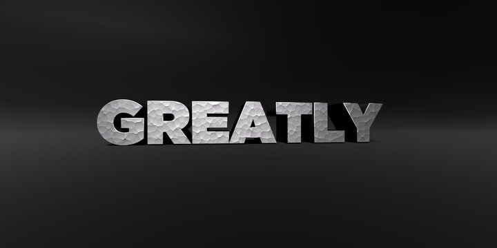 GREATLY - hammered metal finish text on black studio - 3D rendered royalty free stock photo. This image can be used for an online website banner ad or a print postcard.