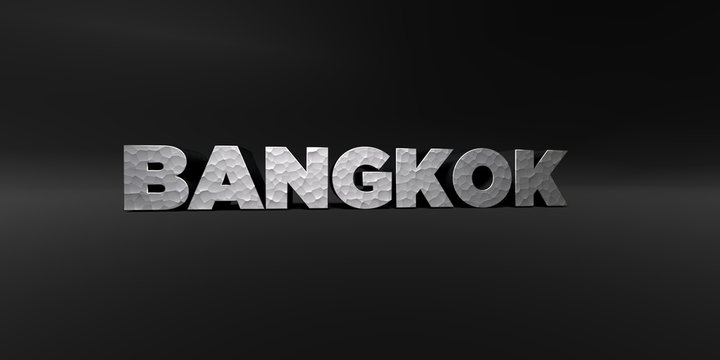 BANGKOK - hammered metal finish text on black studio - 3D rendered royalty free stock photo. This image can be used for an online website banner ad or a print postcard.