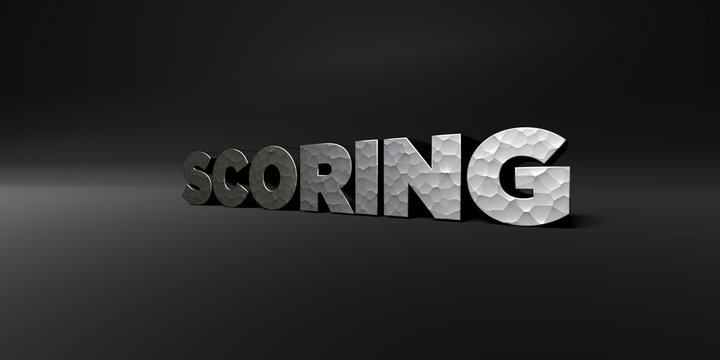 SCORING - hammered metal finish text on black studio - 3D rendered royalty free stock photo. This image can be used for an online website banner ad or a print postcard.