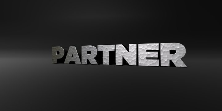 PARTNER - hammered metal finish text on black studio - 3D rendered royalty free stock photo. This image can be used for an online website banner ad or a print postcard.