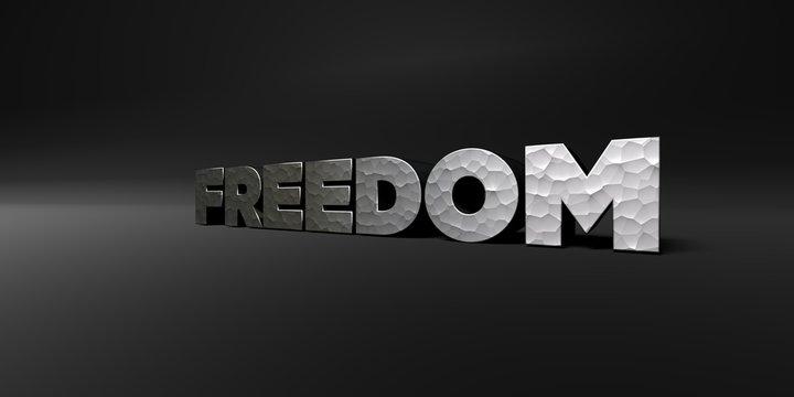 FREEDOM - hammered metal finish text on black studio - 3D rendered royalty free stock photo. This image can be used for an online website banner ad or a print postcard.