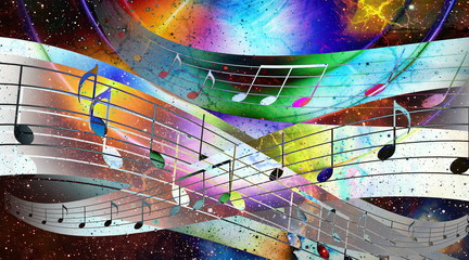 Poster - music note and  Space with stars. abstract color background. Music concept.