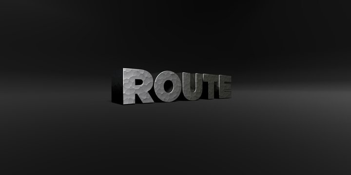 ROUTE - hammered metal finish text on black studio - 3D rendered royalty free stock photo. This image can be used for an online website banner ad or a print postcard.
