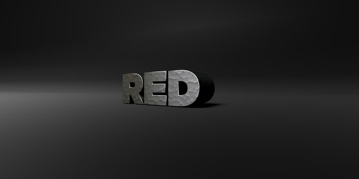 RED - hammered metal finish text on black studio - 3D rendered royalty free stock photo. This image can be used for an online website banner ad or a print postcard.