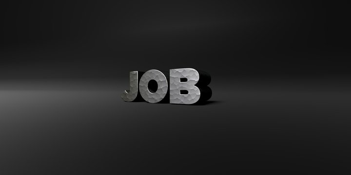 JOB - hammered metal finish text on black studio - 3D rendered royalty free stock photo. This image can be used for an online website banner ad or a print postcard.