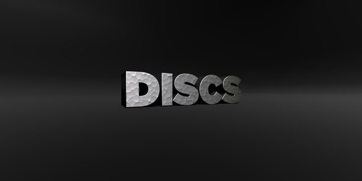 DISCS - hammered metal finish text on black studio - 3D rendered royalty free stock photo. This image can be used for an online website banner ad or a print postcard.