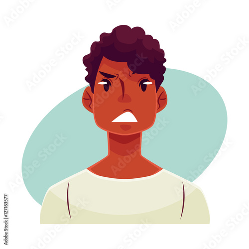 Young african man face, upset, confused facial expression, cartoon ...