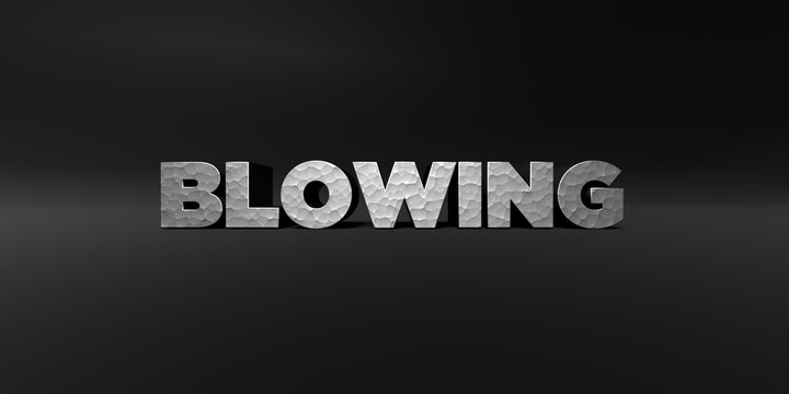 BLOWING - hammered metal finish text on black studio - 3D rendered royalty free stock photo. This image can be used for an online website banner ad or a print postcard.