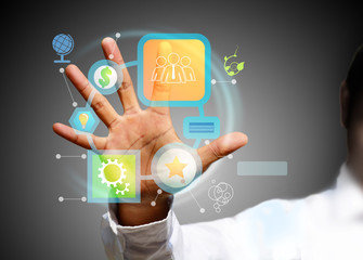 Poster - Business person pushing symbols on a touch screen interface