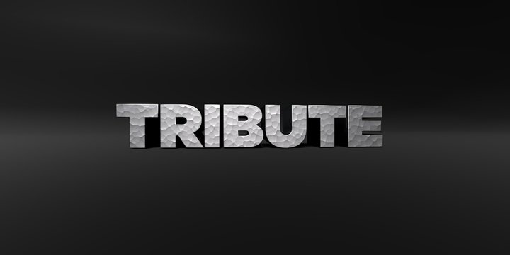 TRIBUTE - hammered metal finish text on black studio - 3D rendered royalty free stock photo. This image can be used for an online website banner ad or a print postcard.