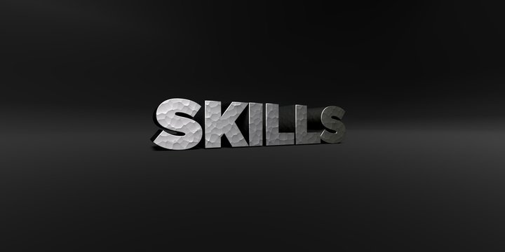 SKILLS - hammered metal finish text on black studio - 3D rendered royalty free stock photo. This image can be used for an online website banner ad or a print postcard.