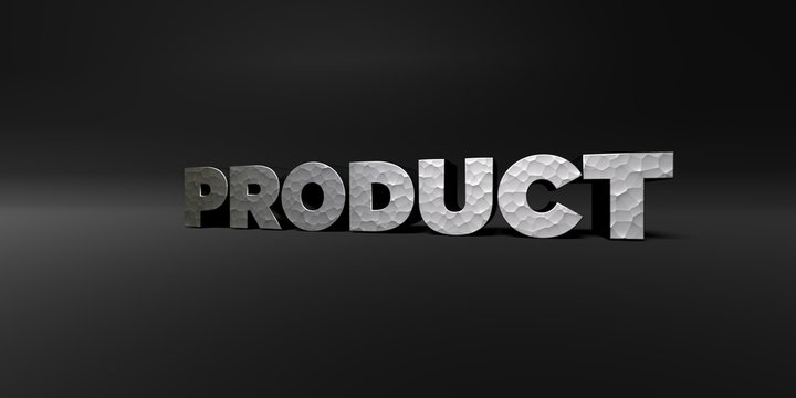 PRODUCT - hammered metal finish text on black studio - 3D rendered royalty free stock photo. This image can be used for an online website banner ad or a print postcard.
