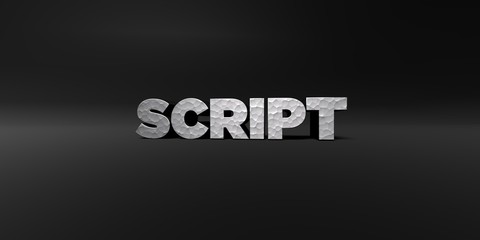 SCRIPT - hammered metal finish text on black studio - 3D rendered royalty free stock photo. This image can be used for an online website banner ad or a print postcard.