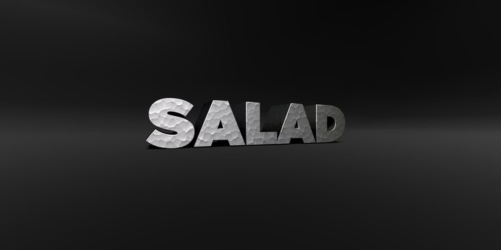 SALAD - hammered metal finish text on black studio - 3D rendered royalty free stock photo. This image can be used for an online website banner ad or a print postcard.