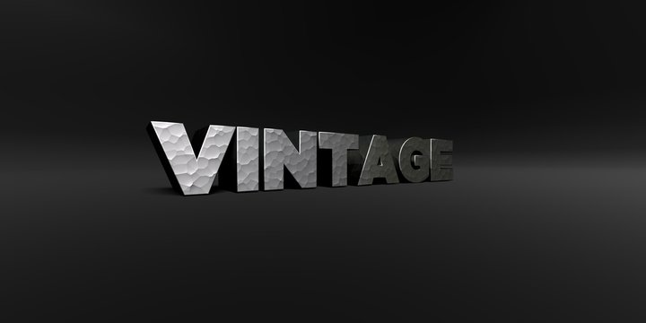 VINTAGE - hammered metal finish text on black studio - 3D rendered royalty free stock photo. This image can be used for an online website banner ad or a print postcard.