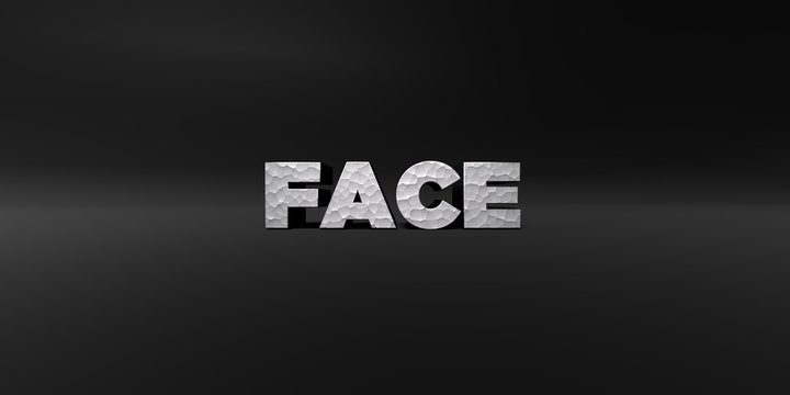 FACE - hammered metal finish text on black studio - 3D rendered royalty free stock photo. This image can be used for an online website banner ad or a print postcard.