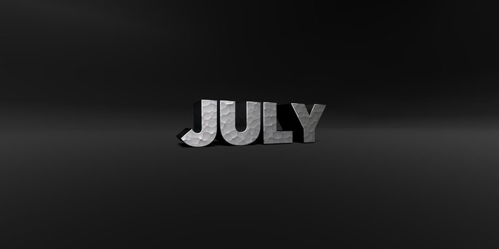 JULY - hammered metal finish text on black studio - 3D rendered royalty free stock photo. This image can be used for an online website banner ad or a print postcard.