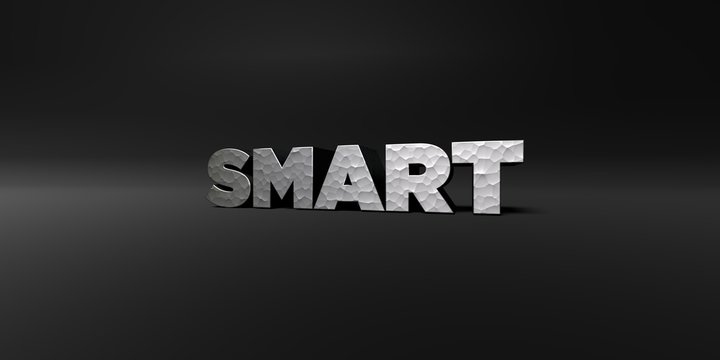 SMART - hammered metal finish text on black studio - 3D rendered royalty free stock photo. This image can be used for an online website banner ad or a print postcard.