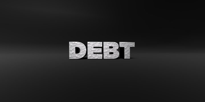 DEBT - hammered metal finish text on black studio - 3D rendered royalty free stock photo. This image can be used for an online website banner ad or a print postcard.
