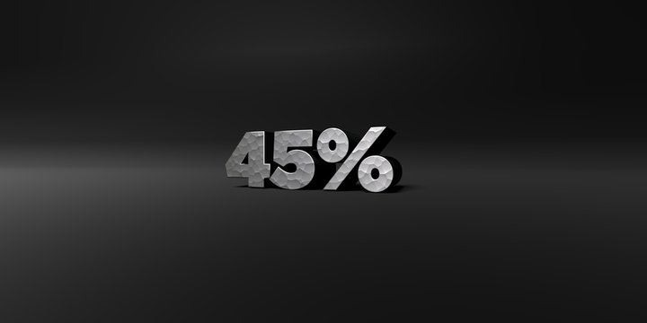 45% - hammered metal finish text on black studio - 3D rendered royalty free stock photo. This image can be used for an online website banner ad or a print postcard.