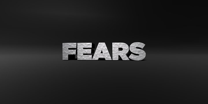 FEARS - hammered metal finish text on black studio - 3D rendered royalty free stock photo. This image can be used for an online website banner ad or a print postcard.