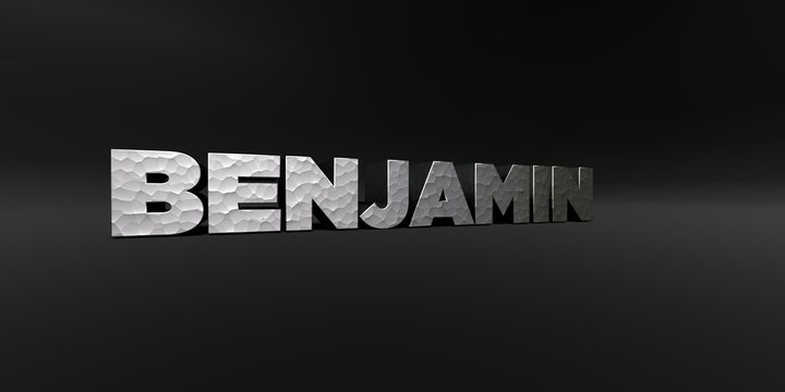 BENJAMIN - hammered metal finish text on black studio - 3D rendered royalty free stock photo. This image can be used for an online website banner ad or a print postcard.