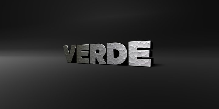 VERDE - hammered metal finish text on black studio - 3D rendered royalty free stock photo. This image can be used for an online website banner ad or a print postcard.