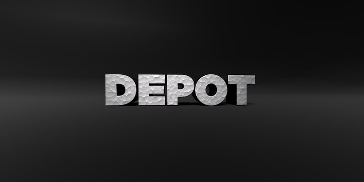 DEPOT - hammered metal finish text on black studio - 3D rendered royalty free stock photo. This image can be used for an online website banner ad or a print postcard.