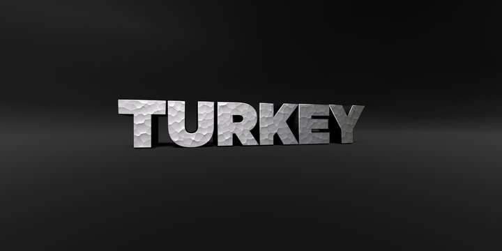 TURKEY - hammered metal finish text on black studio - 3D rendered royalty free stock photo. This image can be used for an online website banner ad or a print postcard.
